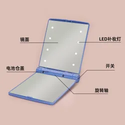 Складное двустороннее косметическое зеркало с LED-подсветкой, портативное