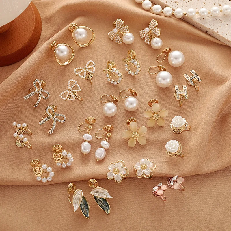 Серьги-клипсы без прокола с жемчугом, французский стиль, для женщин