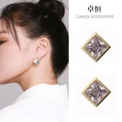 Серьги-гвоздики ромбовидные с цирконием, позолота 14K, серебряные штифты