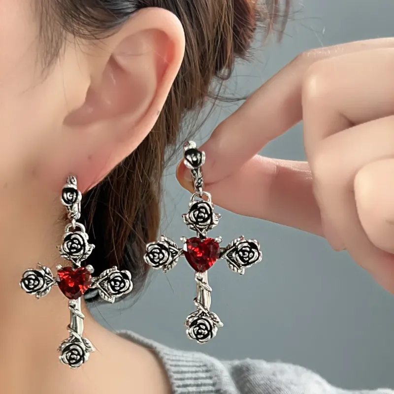 Серьги-зажимы с розой и крестом, на 925-пробной серебряной основе