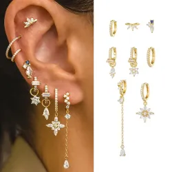 Серьги-кольца с цветком и цирконием, с кисточкой, позолота 18K