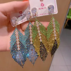 Серьги-гвоздики с листом из стразов, зелёные и синие, женские