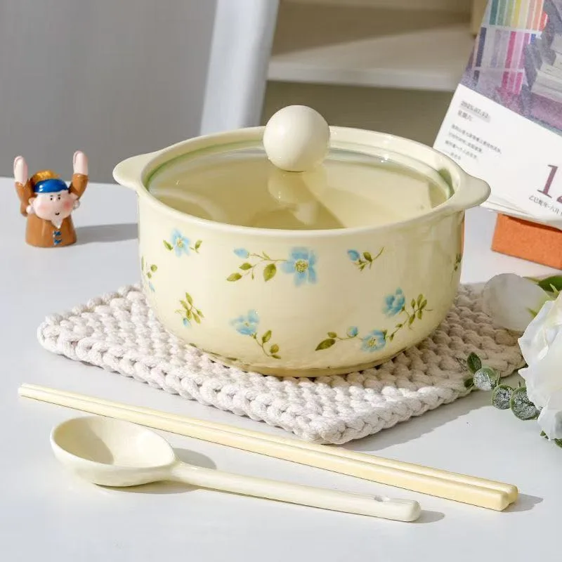 Керамическая миска для лапши с крышкой, глазурованная изнутри