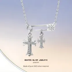 Колье из серебра 925 пробы с подвеской-скрепкой и крестом, цирконий