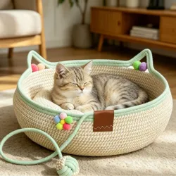 Кошачий домик из плетеной лозы с когтеточкой и игрушкой-шариком, стиральный