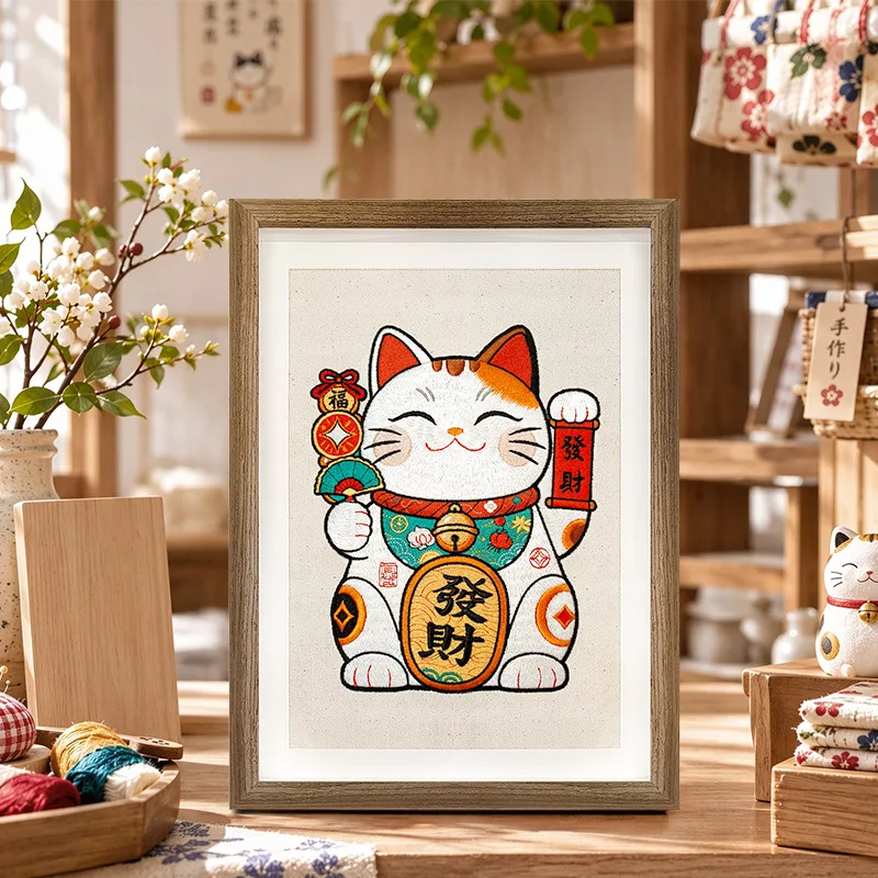 Декоративная картина в деревянной рамке с вышивкой кота-манеки, 31,5×23×3 см